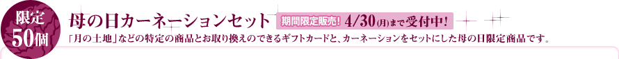 限定50個 母の日カーネーションセット|「月の土地」などの特定の商品とお取り換えのできるギフトカードと、カーネーションをセットにした母の日限定商品です。